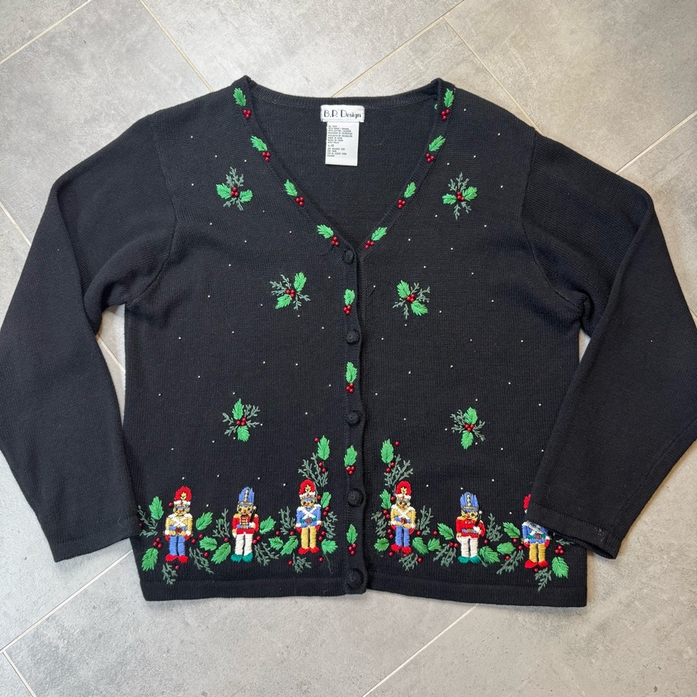Vintage BP Design Black Christmas Cardigan Holly Nutcracker Sweater Size L